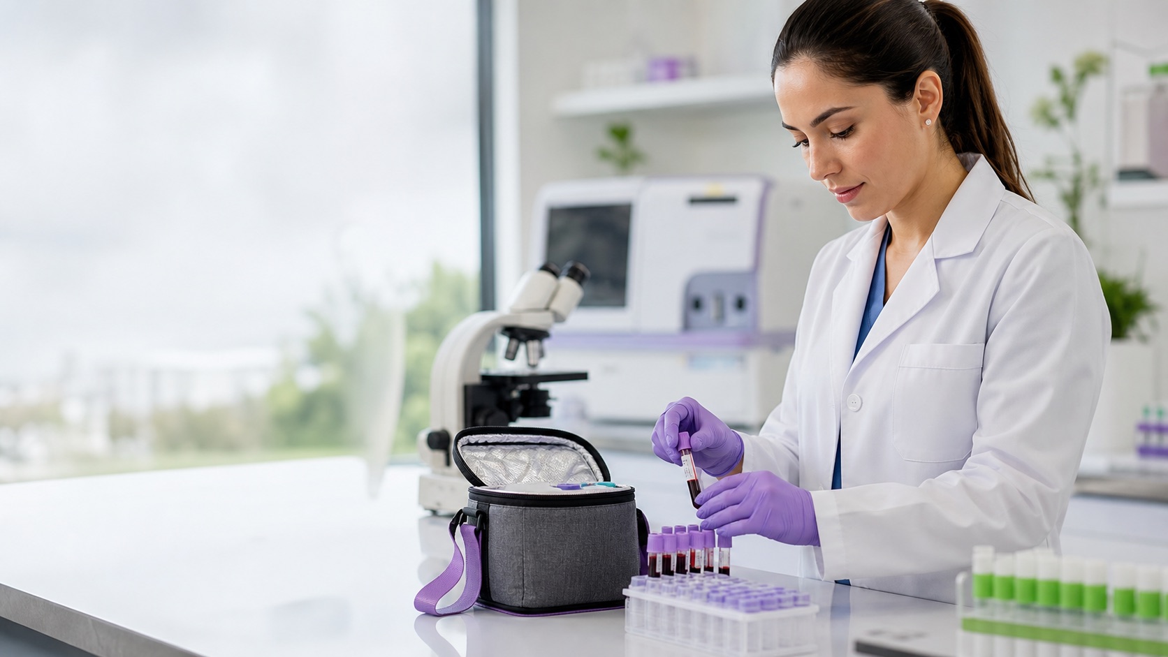 Tecnóloga de laboratorio preparando tubos de muestra